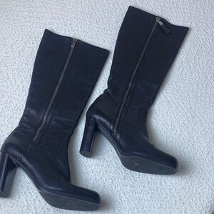 Prada Women's Black Leather High Heel Zip Knee Boots